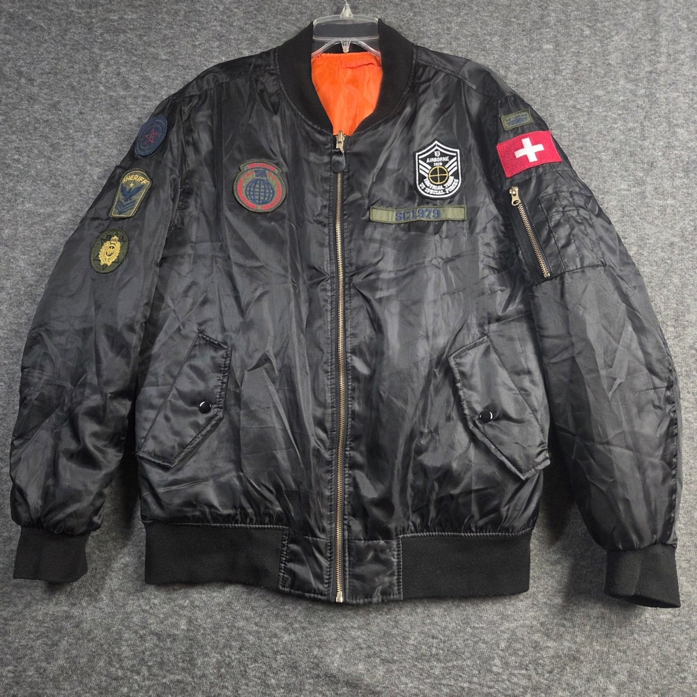 Swiss Cross Bomber Jacket Mens L Black Original Trailblazer Patch Flight MA-1